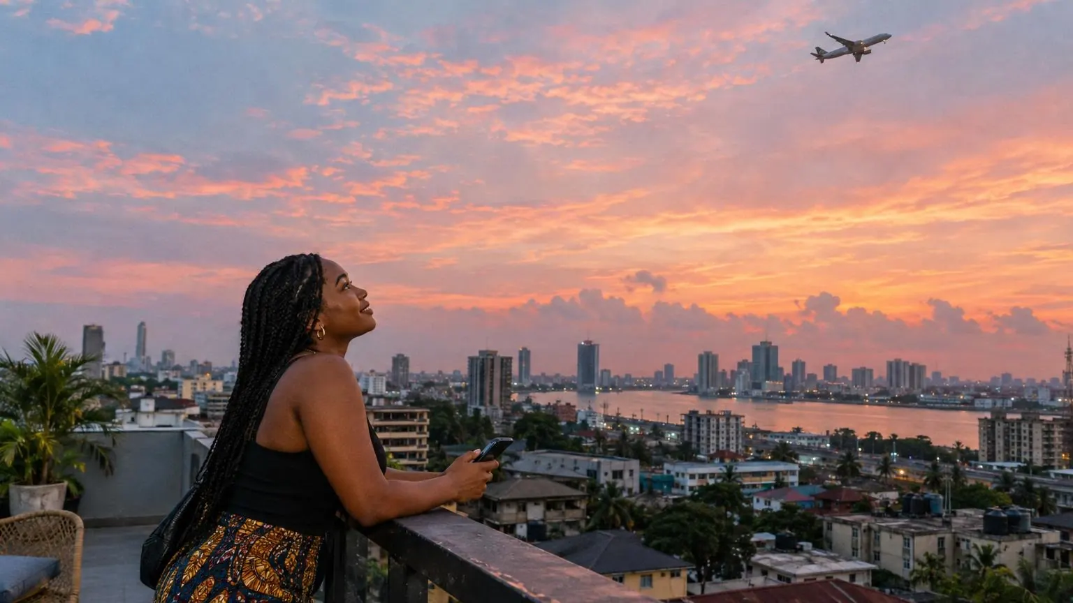A young woman on a Lagos rooftop at dusk, watching a plane cross the sky